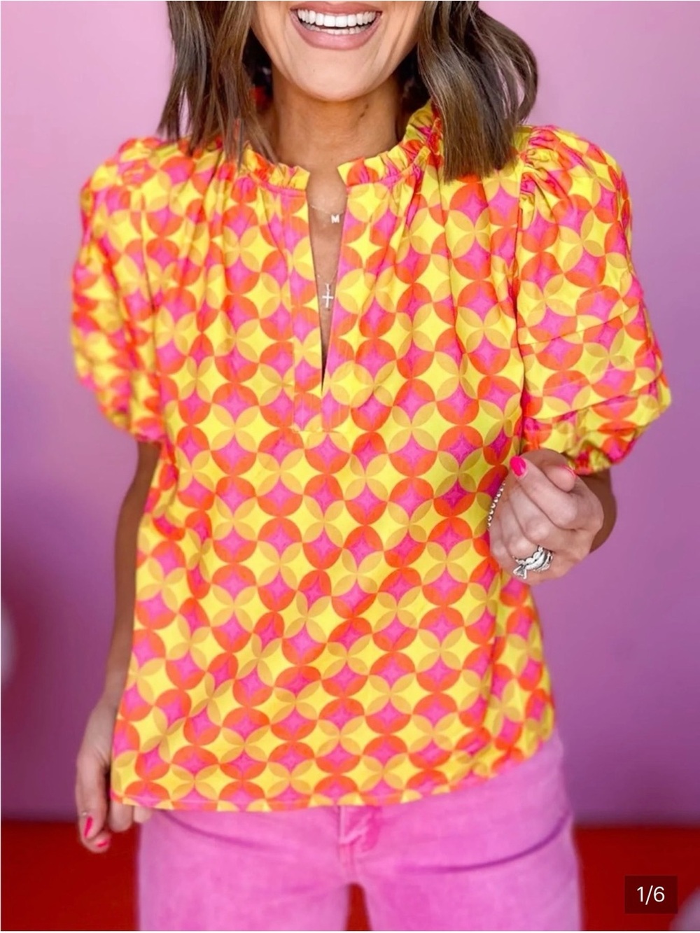 THLM Bright Geometric Puff-Sleeve Top in Yellow & Pink